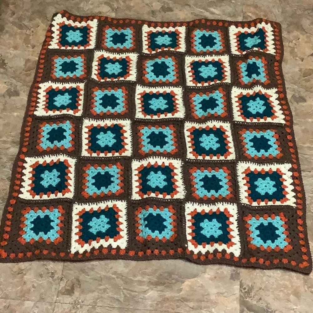 Brown, turquoise & orange granny square Afghan - Picture 3 of 6
